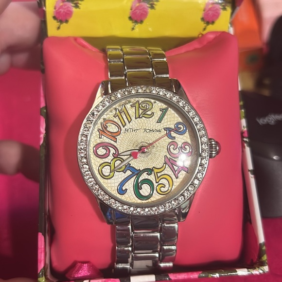 Betsy Johnson silver watch with rainbow numbers and rhinestones - Picture 2 of 4